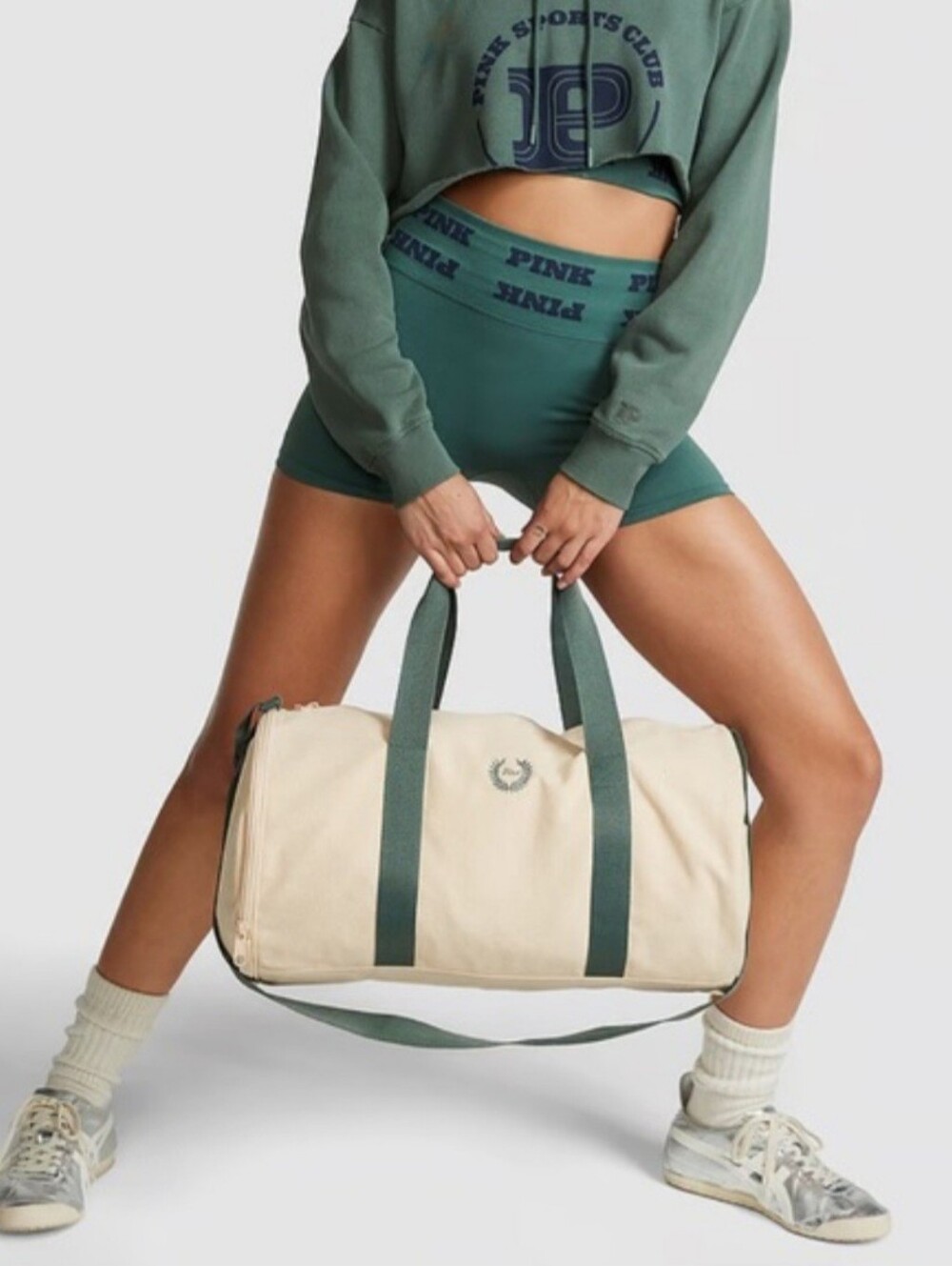 VICTORIA'S SECRET PINK Cream Canvas Duffle with Dark Green Straps - Picture 3 of 4